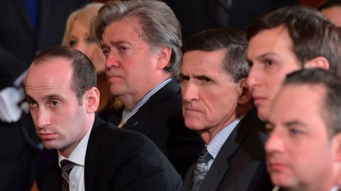 Trump advisers attend a joint press conference with President Donald Trump and Canada's Prime Minister Justin Trudeau on Feb. 13, 2017 in Washington, DC. From left: senior adviser to the president Stephen Miller, former White House chief strategist Stephen Bannon; former national security adviser Michael Flynn; senior adviser to the president Jared Kushner; and former White House Chief of Staff Reince Priebus. (Photo by Mandel Ngan/AFP/Getty Images)