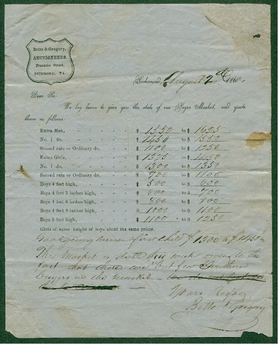Price circular issued by Betts & Gregory, Richmond auctioneers, containing market guidance and showing a range of prices for multiple categories of slave men, women, and children, dated Aug. 2, 1860. (Chapin Library, Williams College, Williamstown, Massachusetts; Class of 1940 Americana Fund)