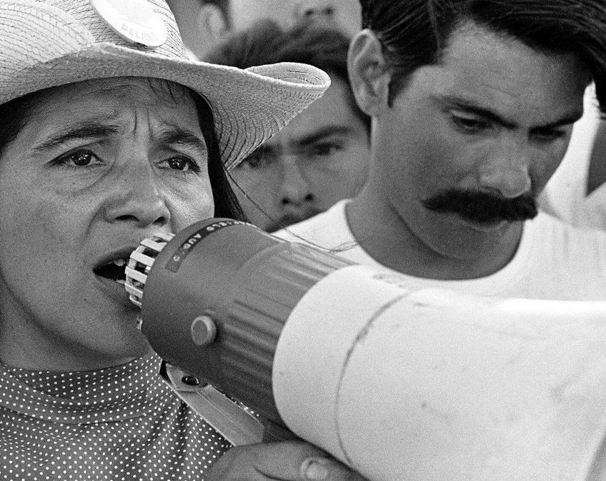 United Farm Workers leader Dolores Huerta organizing marchers on the second day of March Coachella in Coachella, California in 1969. (© 1976 George Ballis)