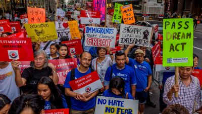 The Asian American Federation partnered with leading immigrant advocacy groups in New York to hold the Asian-American Dreamer rally outside Trump Tower in Manhattan on Oct. 5, 2017. (Photo by Erik McGregor/Pacific Press/LightRocket via Getty Images)