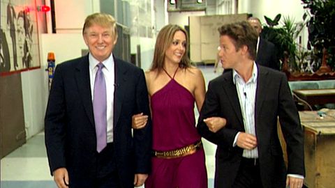 In this 2005 frame from video, Donald Trump prepares for an appearance on Days of Our Lives with actress Arianne Zucker (center). He is accompanied to the set by Access Hollywood host Billy Bush. (Obtained by The Washington Post via Getty Images)
