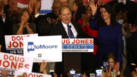 Democratic US Sen.-elect Doug Jones and his wife, Louise Jones, greet supporters during his election night gathering the Sheraton Hotel on Dec. 12, 2017 in Birmingham, Alabama. (Photo by Justin Sullivan/Getty Images)