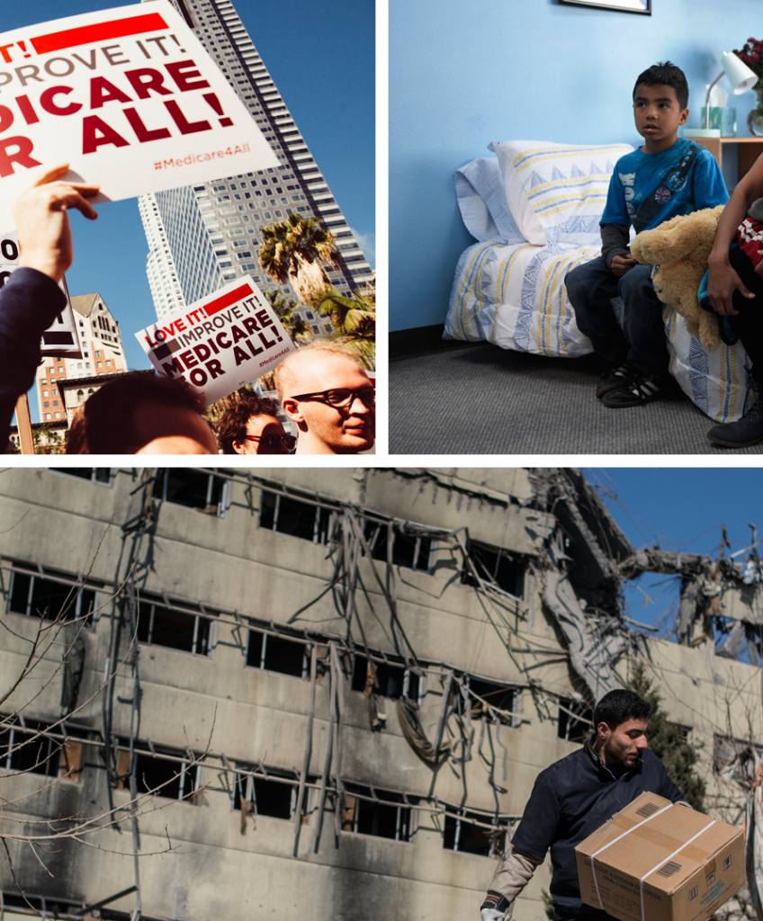 Top left: A Medicare for All rally in Los Angeles in February 2017. (Photo by Molly Adams/ flickr CC 2.0) Top right: Bryant Moya, his mother, Ingrid Encalada Latorre, and brother Anibal Jurado in their room at Foothills Unitarian Church in Fort Collins, Colorado on Oct. 17, 2017. Latorre was scheduled to be deported to Peru but re-entered sanctuary with her sons. (Photo by Joe Amon/The Denver Post via Getty Images) Bottom: Workers at Salaam Hospital transport usable medical supplies and equipment from the destroyed hospital on Feb. 1, 2017 in east Mosul, Iraq. The hospital was targeted by a US coalition airstrike in December 2016 as it was a base for Islamic State commanders. (Photo by Martyn Aim/Corbis via Getty Images)
