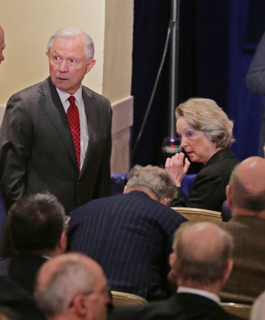 Sen. Jeff Sessions (R-AL) (2nd L) attends a speech by Republican presidential candidate Donald Trump at the Mayflower Hotel April 27, 2016 in Washington, DC. The back of Russian Ambassador to the United States Sergey I. Kislyak's head can be seen at the right side of the photograph. (Photo by Chip Somodevilla/Getty Images)