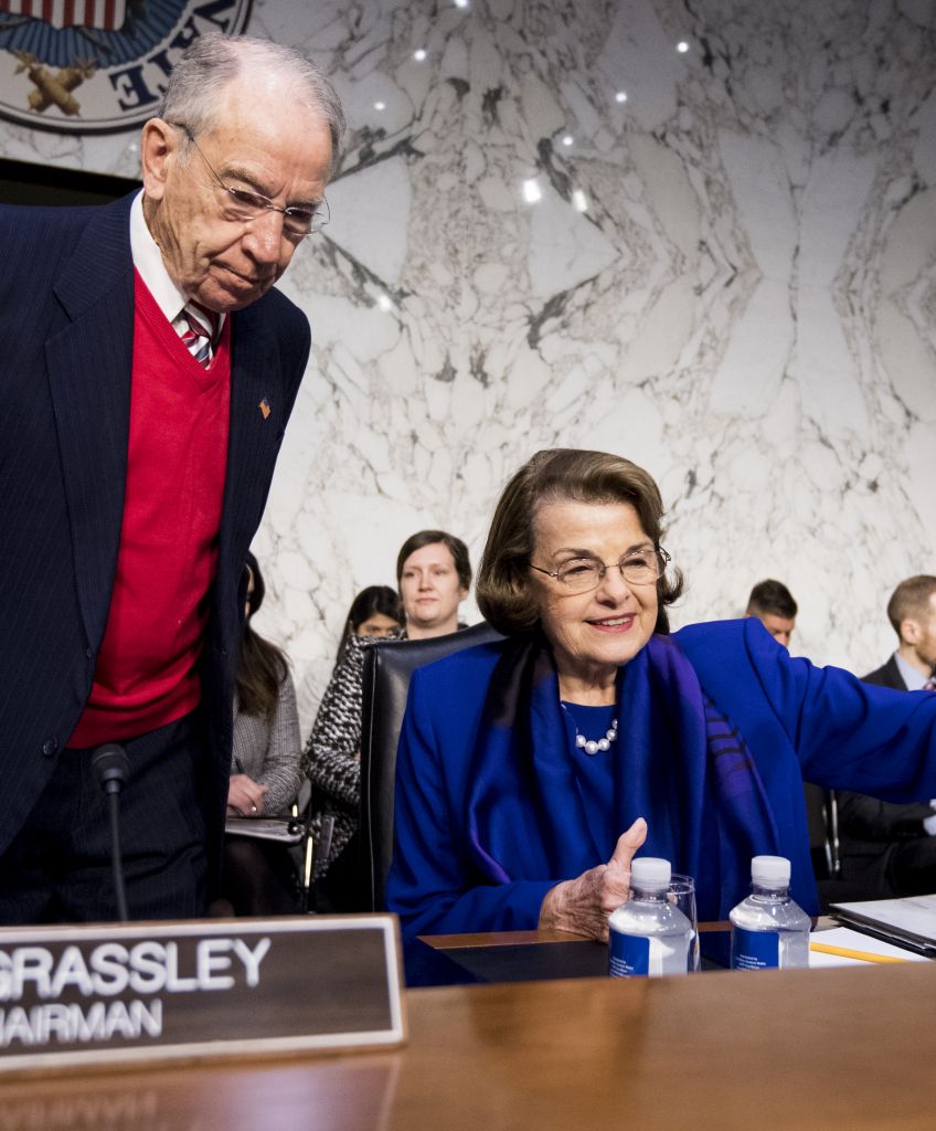 Chairman Chuck Grassley (R-IA), and ranking member Sen. Dianne Feinstein (D-CA), takes their seats for the Senate Judiciary Committee hearing on "Oversight of the United States Department of Homeland Security" on Tuesday, Jan. 16, 2018. (Photo By Bill Clark/CQ Roll Call)
