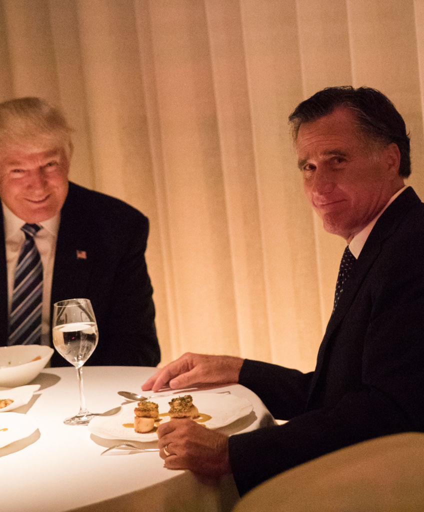 (L to R) President-elect Donald Trump and Mitt Romney dine at Jean Georges restaurant, November 29, 2016 in New York City. President-elect Donald Trump and his transition team are in the process of filling cabinet and other high level positions for the new administration. (Photo by Drew Angerer/Getty Images)