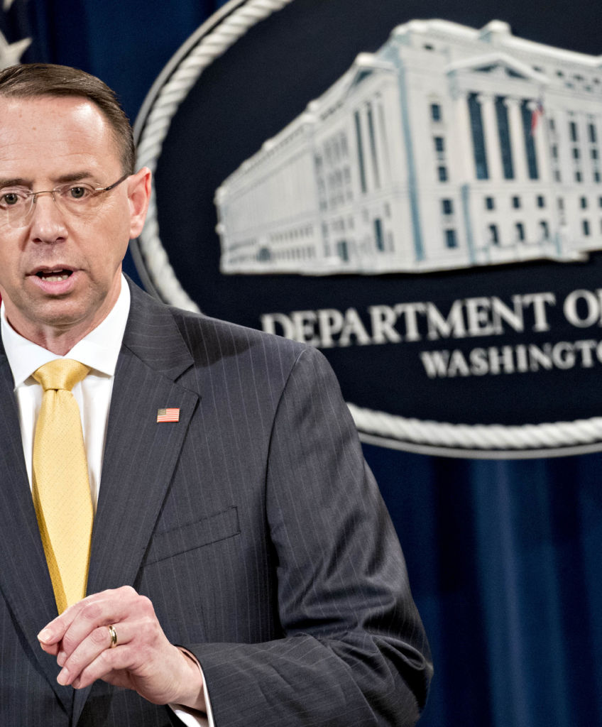 Rod Rosenstein, deputy attorney general, speaks during a news conference at the Department of Justice in Washington, D.C., U.S., on Friday, Feb. 16, 2018. (Photo by Andrew Harrer/Bloomberg via Getty Images)