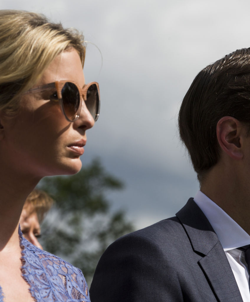 Ivanka Trump, assistant to President Donald Trump, left, and Jared Kushner, senior White House adviser, listen during a joint press conference with Trump and Saad Hariri, Lebanon's prime minister, not pictured, in the Rose Garden of the White House in Washington, DC, on Tuesday, July 25, 2017. (Photo by Zach Gibson/Bloomberg via Getty Images)