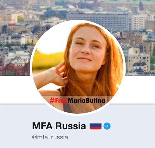 Ministry of Foreign Affairs Russia Twitter page picture with #FreeMariaButina photo