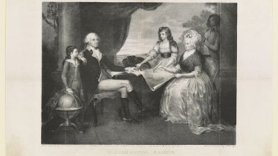 George Washington and his family [around table]. Black servant William Lee standing in background.