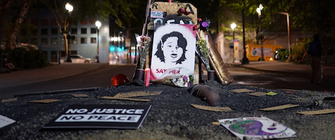 A memorial to Breonna Taylor is seen here during a Black Lives Matter protest on August. 2, 2020 in Portland, Oregon. (Photo by Nathan Howard/Getty Images)
