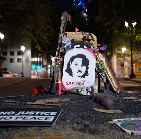 A memorial to Breonna Taylor is seen here during a Black Lives Matter protest on August. 2, 2020 in Portland, Oregon. (Photo by Nathan Howard/Getty Images)