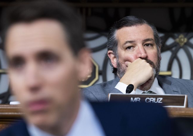 Sens. Ted Cruz, R-Texas, right, and Josh Hawley, R-Mo., attend the Senate Judiciary Committee markup on judicial nominations and the Online Content Policy Modernization Act, in Dirksen Building on Thursday, December 10, 2020. (Photo By Tom Williams/CQ-Roll Call, Inc via Getty Images)