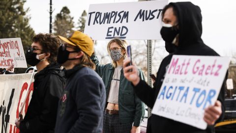 Counter-demonstrators stand to the side as Rep. Matt Gaetz (R-FL) speaks to a crowd during a rally against Rep. Liz Cheney (R-WY) on January 28, 2021 in Cheyenne, Wyoming. (Photo by Michael Ciaglo/Getty Images)