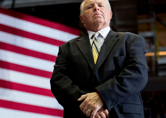 US radio talk show host and conservative political commentator Rush Limbaugh looks on before introducing US President Donald Trump to deliver remarks at a Make America Great Again rally in Cape Girardeau, MO, on November 5, 2018. (Photo by JIM WATSON/AFP via Getty Images)